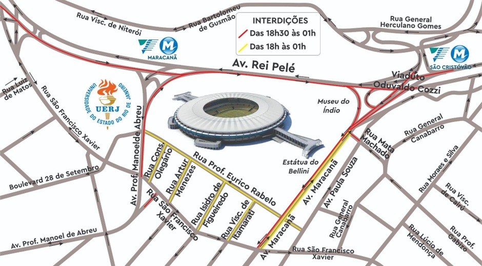 Esquema de trânsito com interdições para Flamengo x Grêmio, em 16 de agosto de 2023 | Arte: CET-Rio