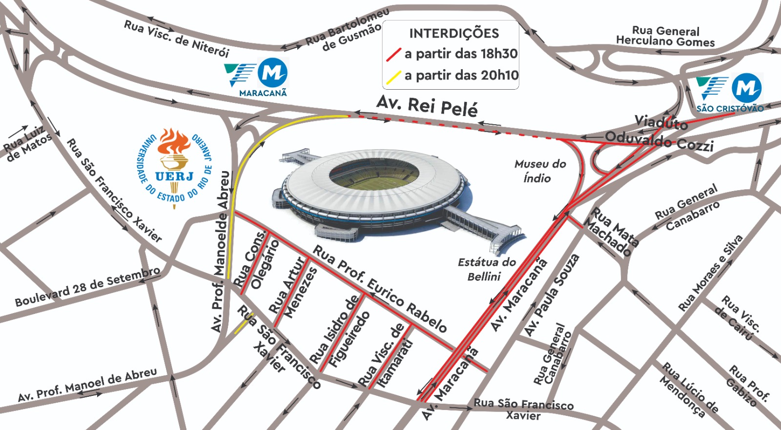 Esquema de trânsito para Flamengo x Internacional, em 26 de agosto de 2023 | Arte: CET-Rio