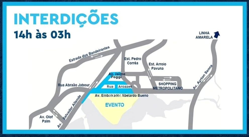 Mapa com interdições da CET-Rio para viabilizar o Garota VIP em 19 de agosto de 2023 | Arte: Prefeitura do Rio