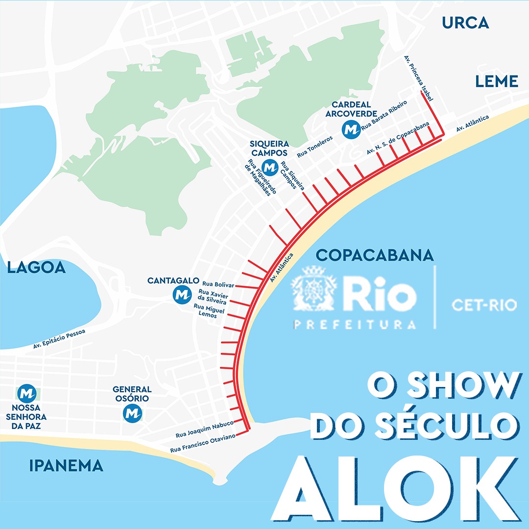 Mapa com interdições em Copacabana, para viabilizar o show de Alok | Arte: CET-Rio