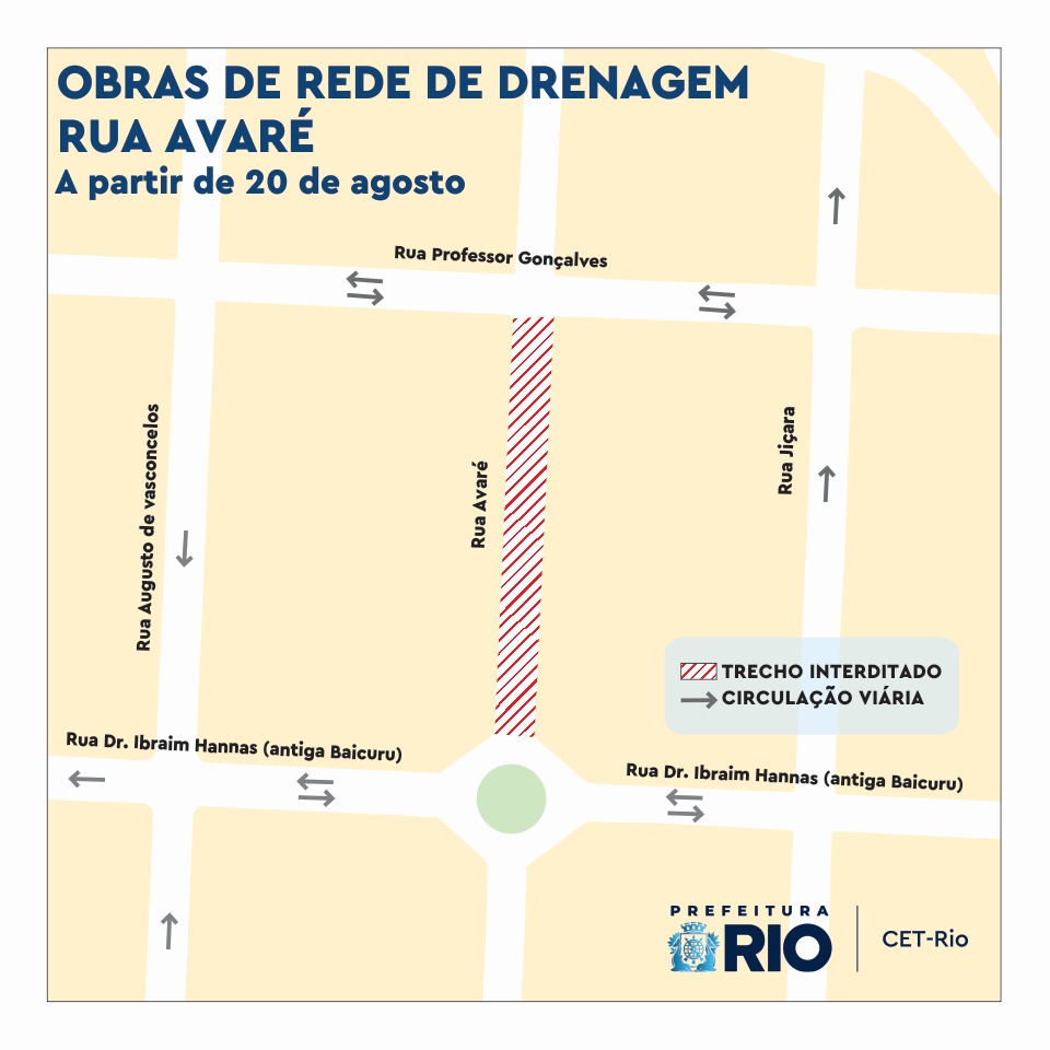 Esquema com interdição total na Rua Avaré | Arte: CET-Rio