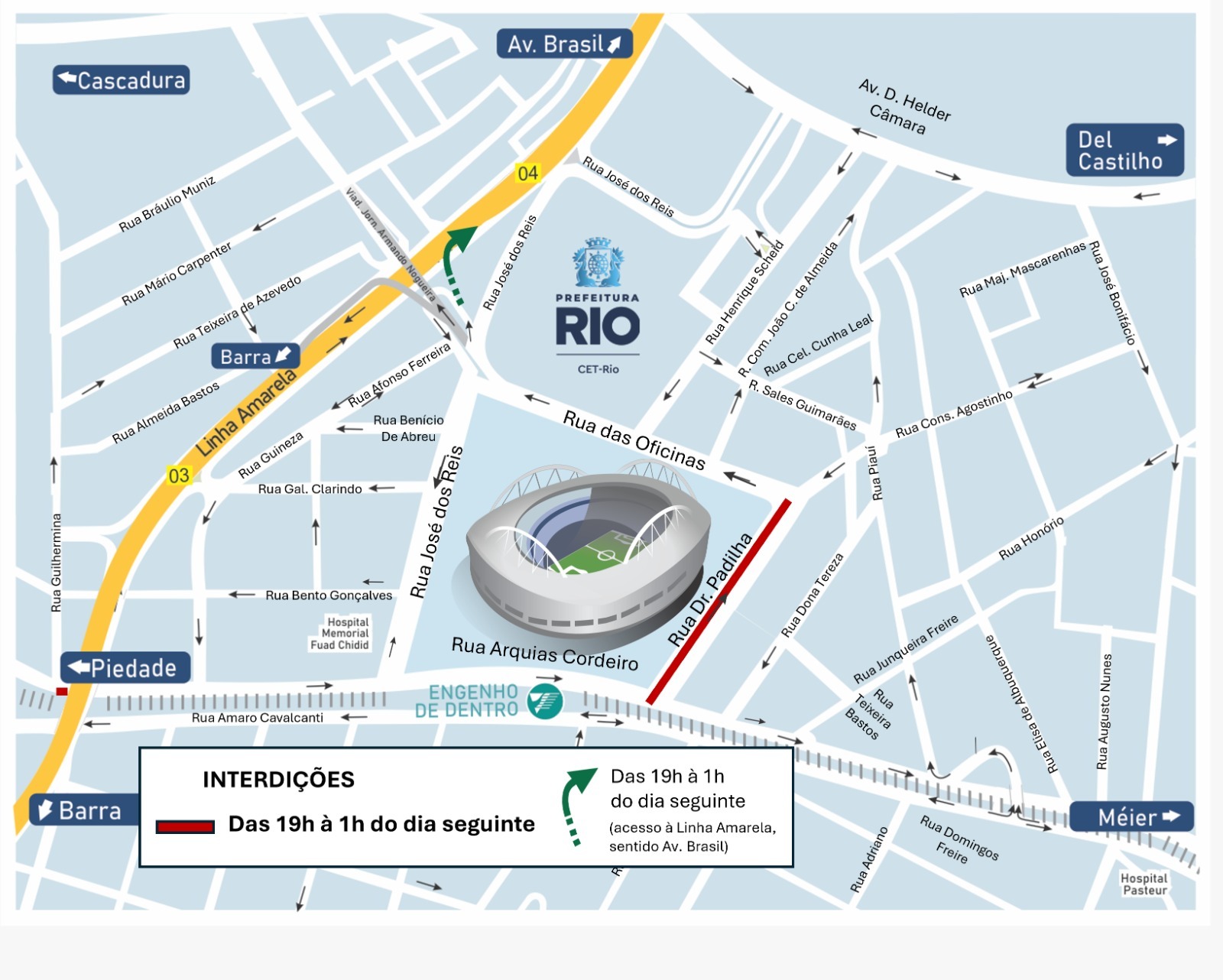 Esquema de trânsito para Botafogo x Bangu, jogo do Campeonato Carioca no Estádio Nilton Santos | Arte: CET-Rio