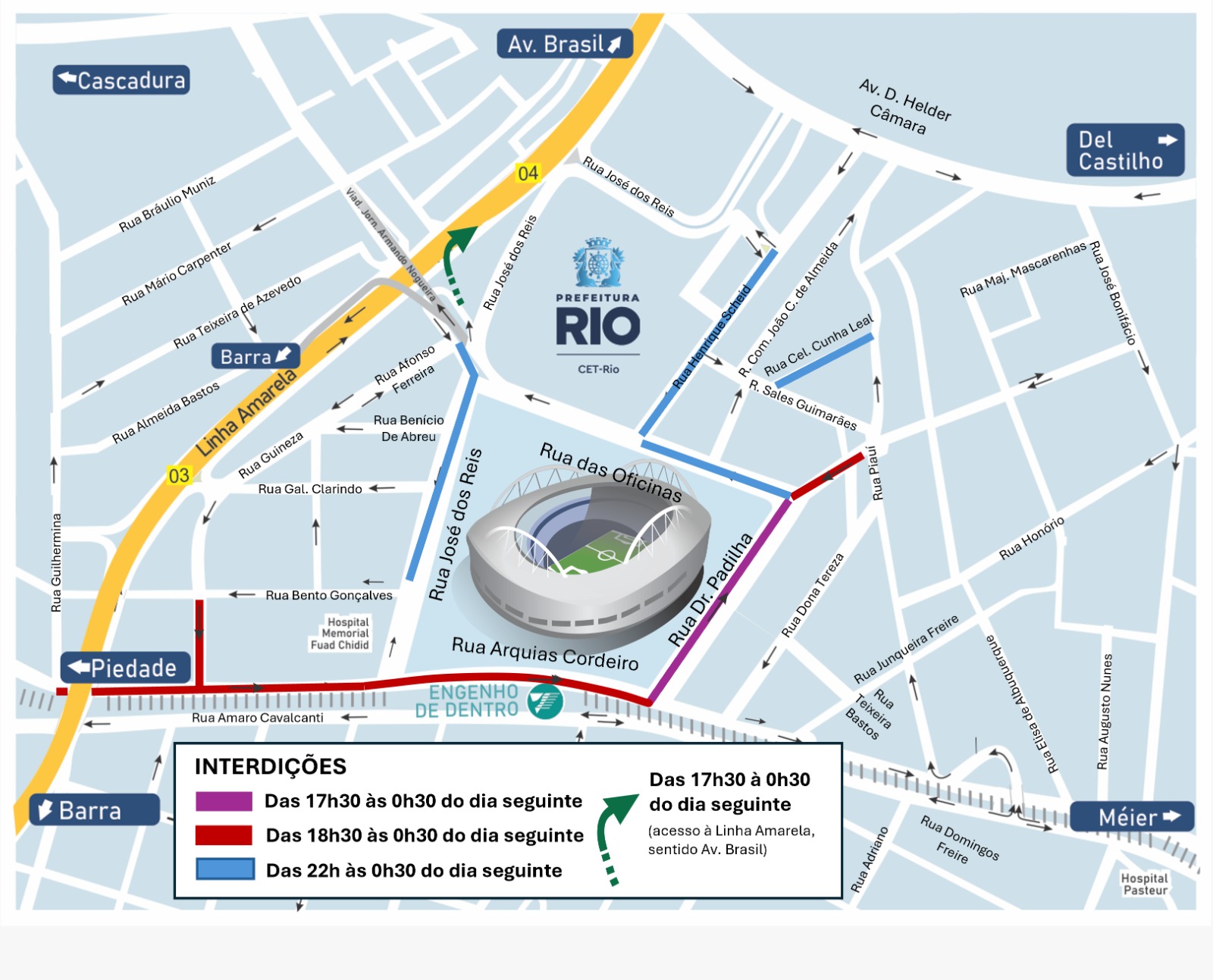 Esquema de trânsito para Botafogo x Fluminense, pelo Campeonato Carioca, no Estádio Nilton Santos | Arte: CET-Rio