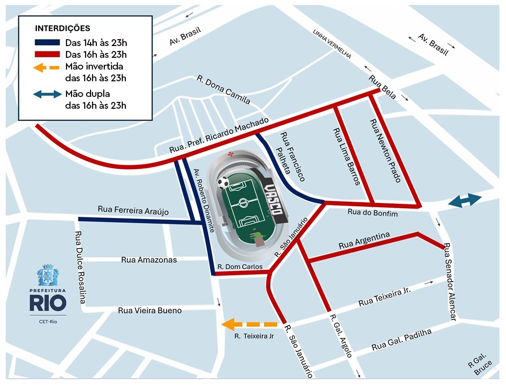 Esquema de trânsito para Madureira x Vasco, pelo Campeonato Carioca, em São Januário | Arte: CET-Rio