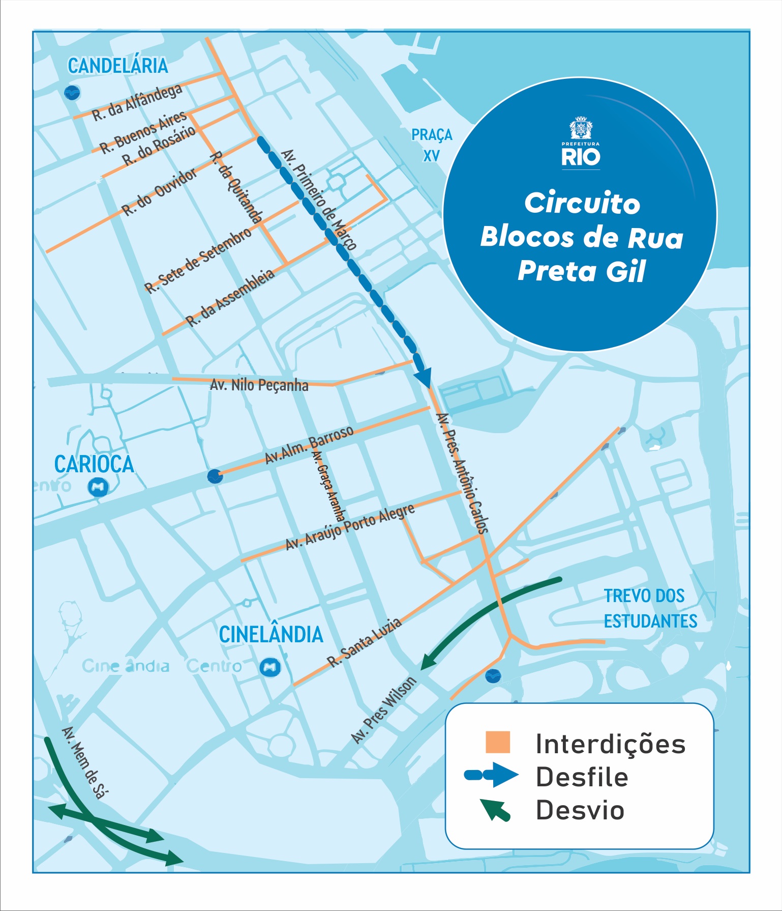 Mapa do Circuito de Blocos de Carnaval de Rua Preta Gil | Arte: CET-Rio
