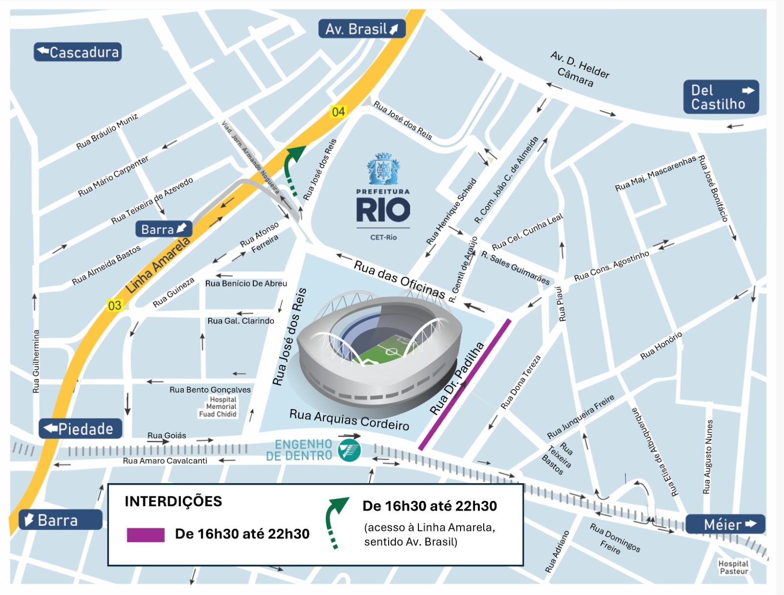 Esquema de trânsito para Botafogo x Boavista, semifinal da Taça Rio (Campeonato Carioca), no Estádio Nilton Santos | Arte: CET-Rio