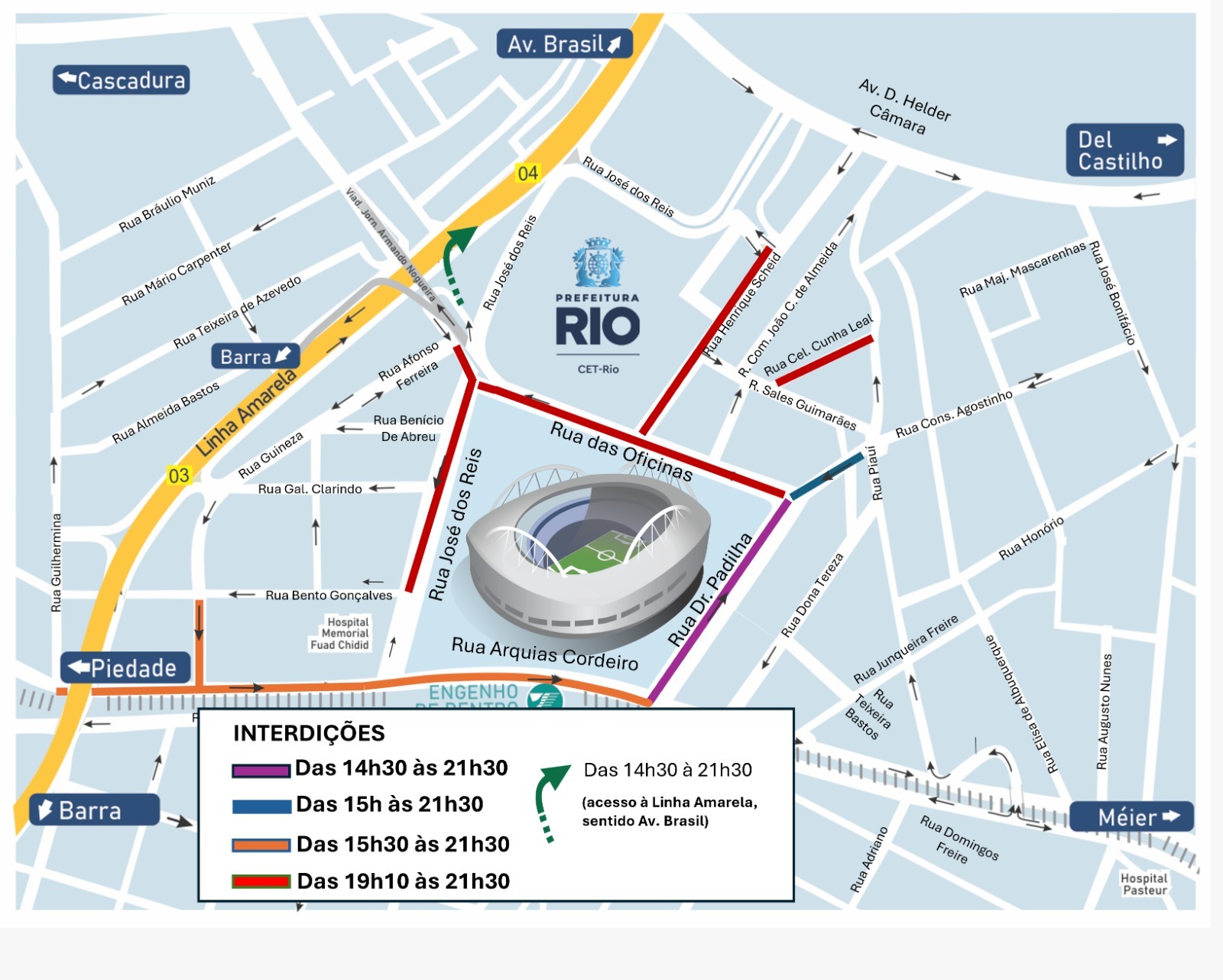 Esquema de trânsito para Botafogo x Flamengo, no Estádio Nilton Santos, pelo Campeonato Carioca | Arte: CET-Rio