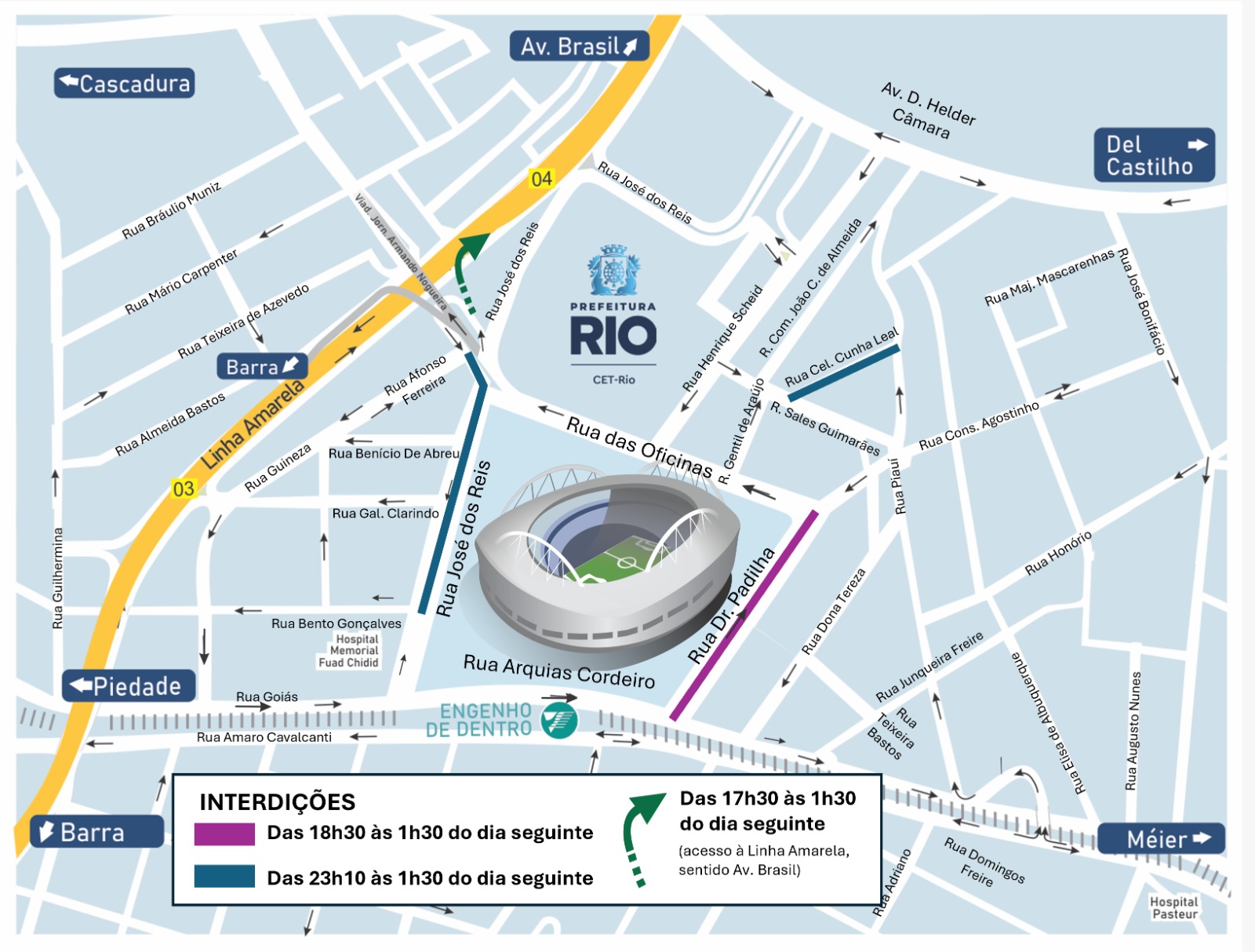 Esquema de trânsito para Botafogo x Nacional Potosí-BOL, no Estádio Nilton Santos, pela CONMEBOL Libertadores | Arte: CET-Rio