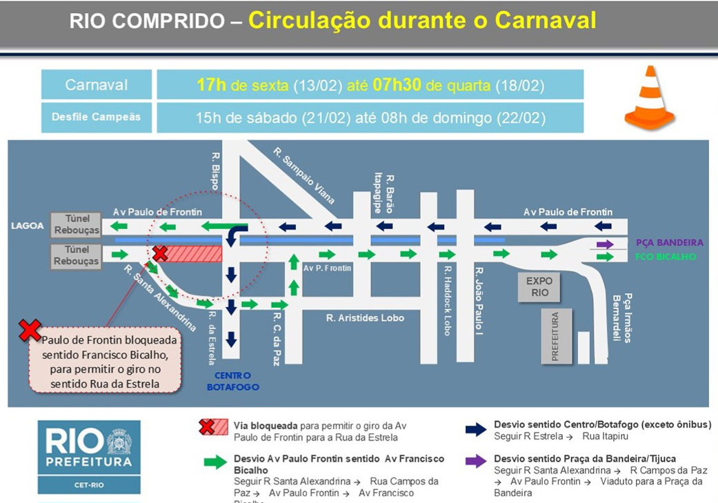 Circulação será alterada durante o Carnaval em vias do Rio Comprido | Arte: CET-Rio