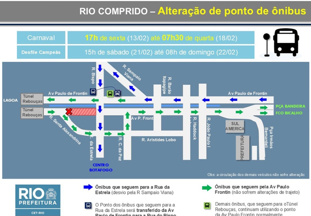 Alterações de pontos de ônibus no Rio Comprido durante o período de Carnaval | Arte: CET-Rio