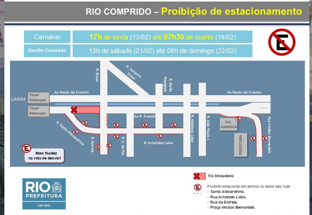 Proibição de estacionamento em vias do Rio Comprido durante o período de Carnaval | Arte: CET-Rio