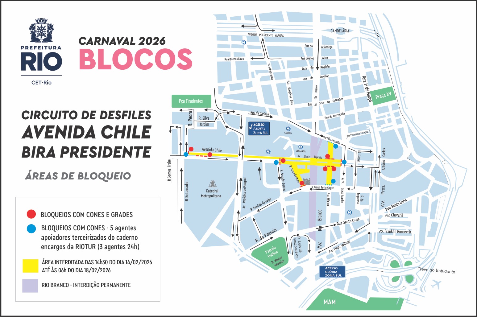 Esquema de trânsito para o Circuito de Desfiles da Avenida Chile - Bira Presidente, no Centro | Arte: CET-Rio