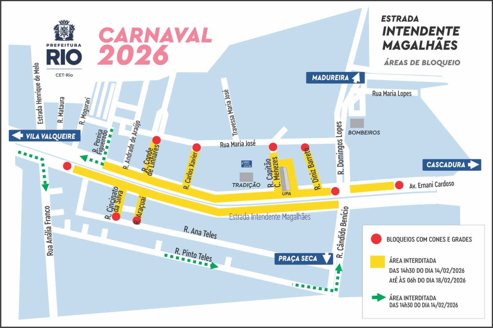 Esquema de trânsito para os desfiles da Estrada Intendente Magalhães | Arte: CET-Rio