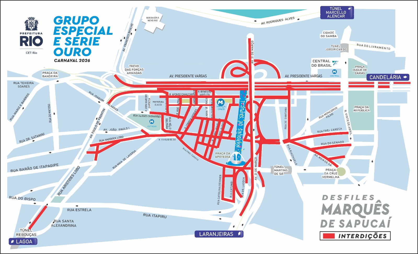 Esquema de trânsito para os desfiles da Série Ouro, Grupo Especial e Campeãs no Sambódromo da Marquês de Sapucaí | Arte: CET-Rio