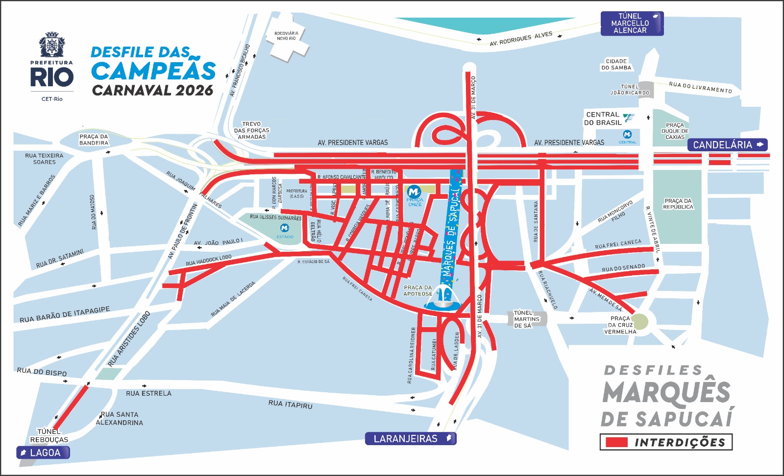 Planejamento do Desfile das Campeãs prevê interdições no entorno do Sambódromo até 8h de domingo (22/02) | Arte: CET-Rio