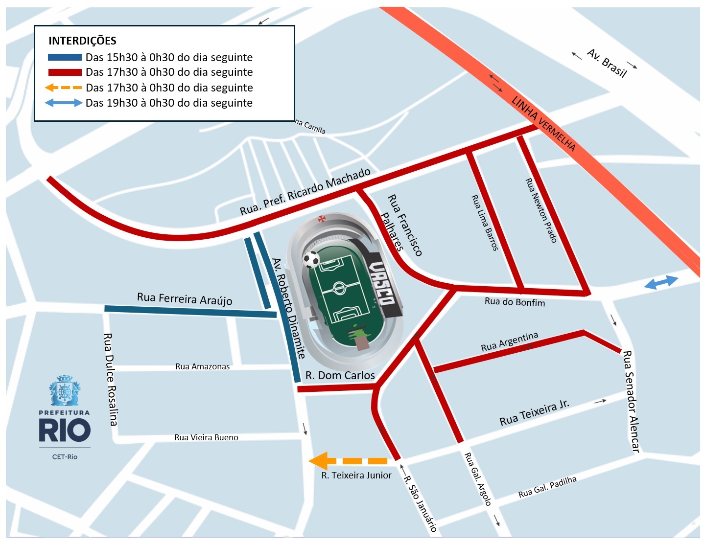 Esquema de trânsito para Vasco x Bahia, em São Januário, pelo Campeonato Brasileiro | Arte: CET-Rio