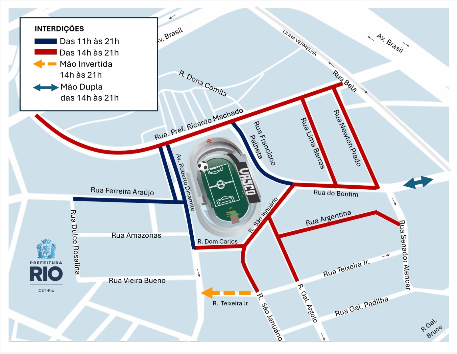 Esquema de trânsito para Vasco x Botafogo, em São Januário, pelo Campeonato Carioca | Arte: CET-Rio
