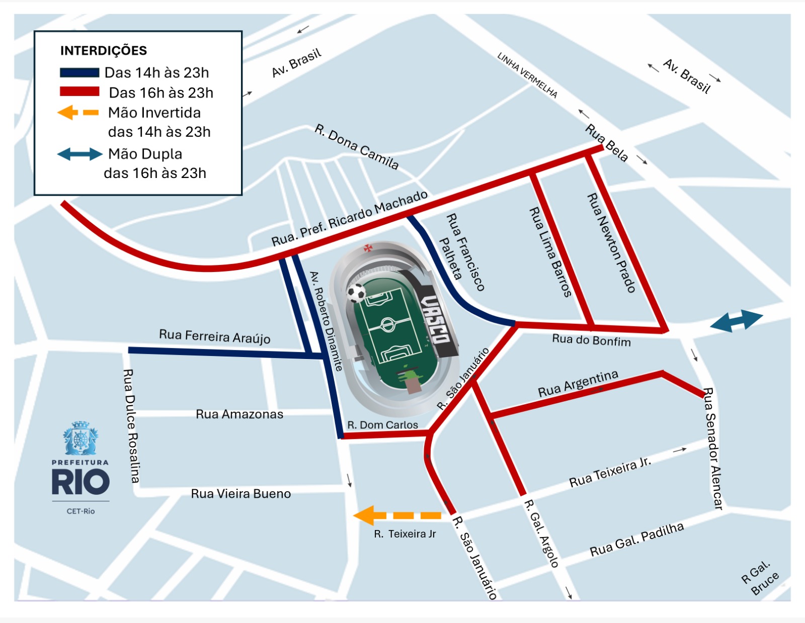 Esquema de trânsito para Vasco x Chapecoense, em São Januário, pelo Campeonato Brasileiro | Arte: CET-Rio