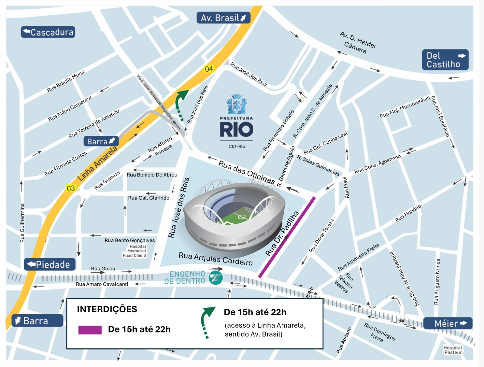 Esquema de trânsito para Botafogo x Bangu, no Estádio Nilton Santos, pelo Campeonato Carioca | Arte: CET-Rio