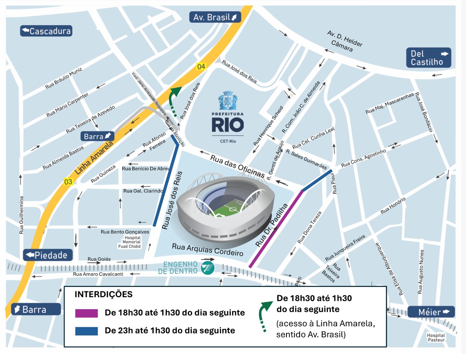 Esquema de trânsito para Botafogo x Barcelona (EQU), no Estádio Nilton Santos, pela CONMEBOL Libertadores | Arte: CET-Rio