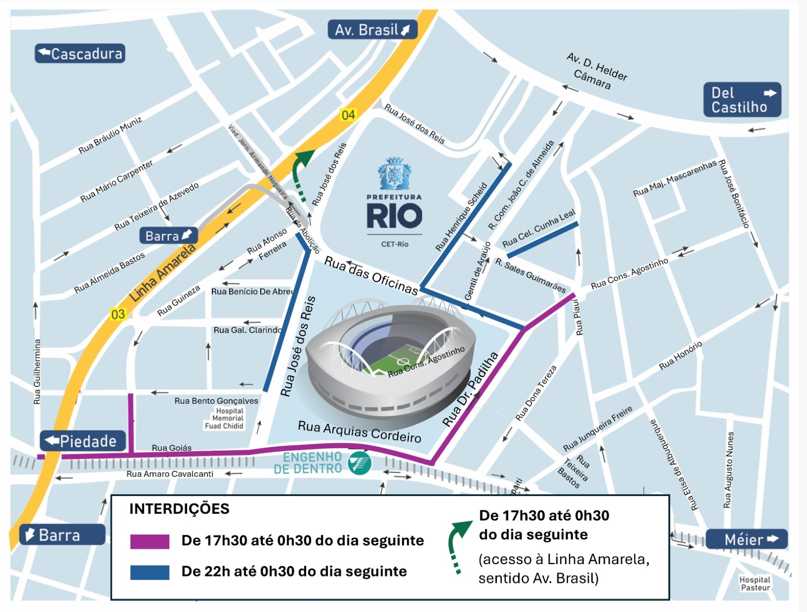 Esquema de trânsito para Botafogo x Flamengo, no Estádio Nilton Santos, pelo Campeonato Brasileiro | Arte: CET-Rio