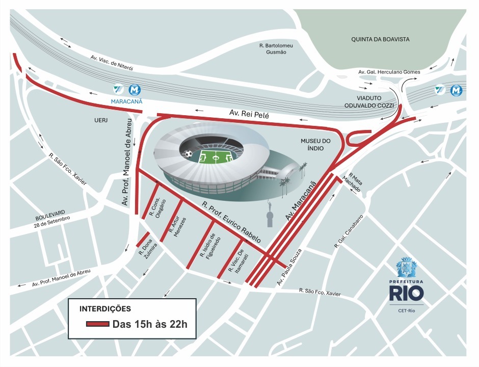 Esquema de trânsito para Fluminense x Flamengo, final do Campeonato Carioca, no Maracanã | Arte: CET-Rio