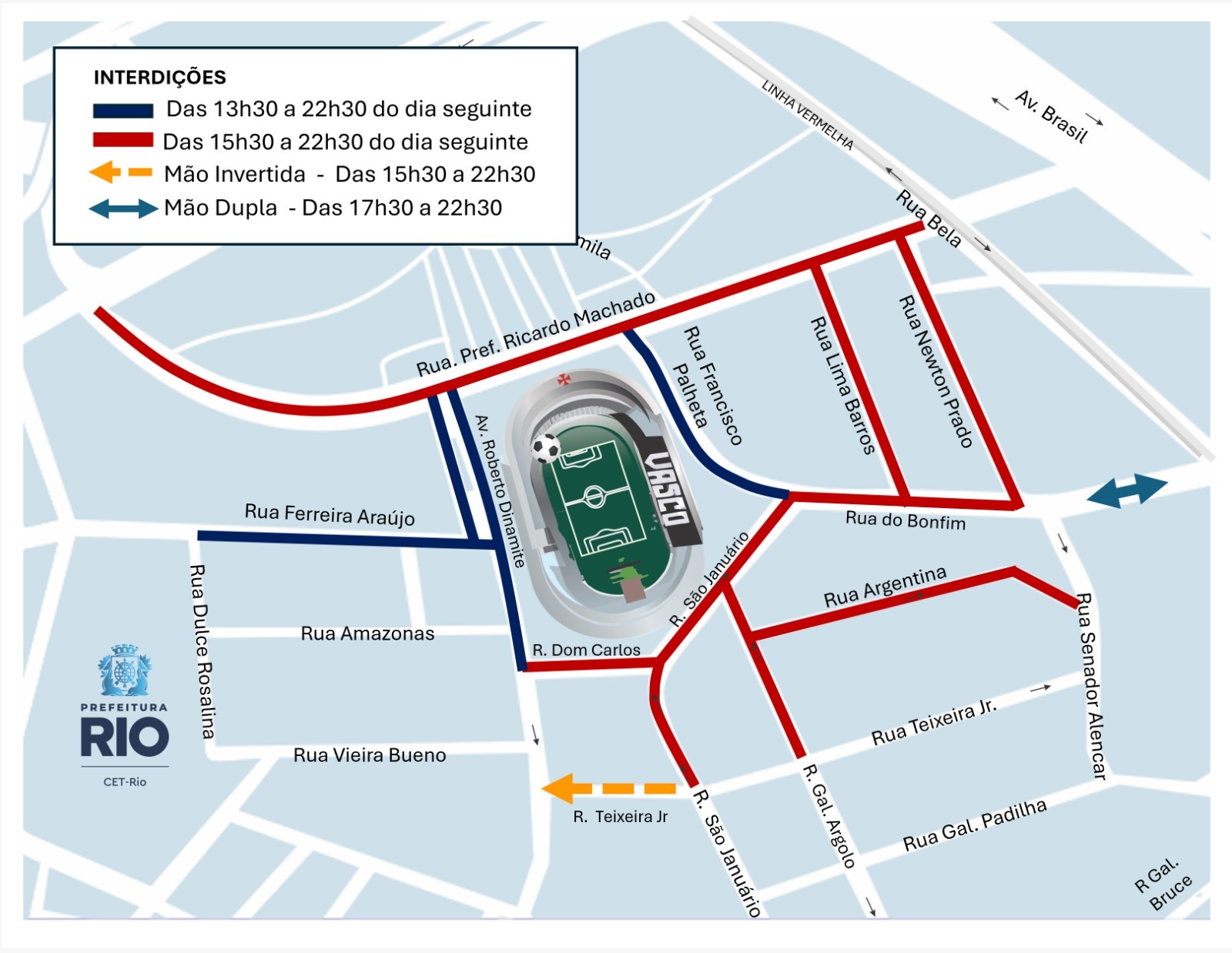 Esquema de trânsito para Vasco x Bahia, em São Januário, pelo Campeonato Brasileiro | Arte: CET-Rio